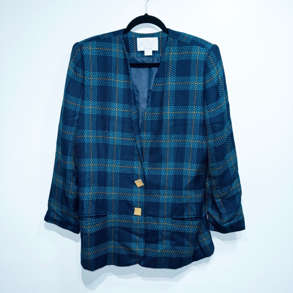 Vintage Lord & Taylor Blue &‎ Green Plaid Blazer Jacket Size 14